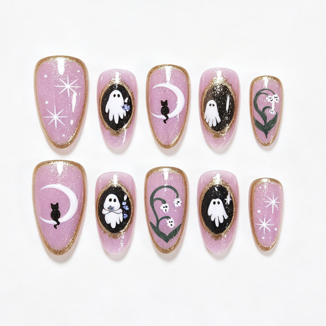 Halloween-Themed Ghost and Cat Press-On Nail Art Set Bowlift