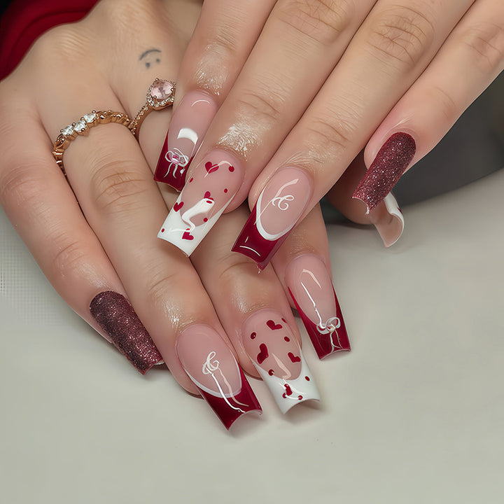 Elegant Press-On Nail Set with Artistic Heart and Glossy Finish Bowlift