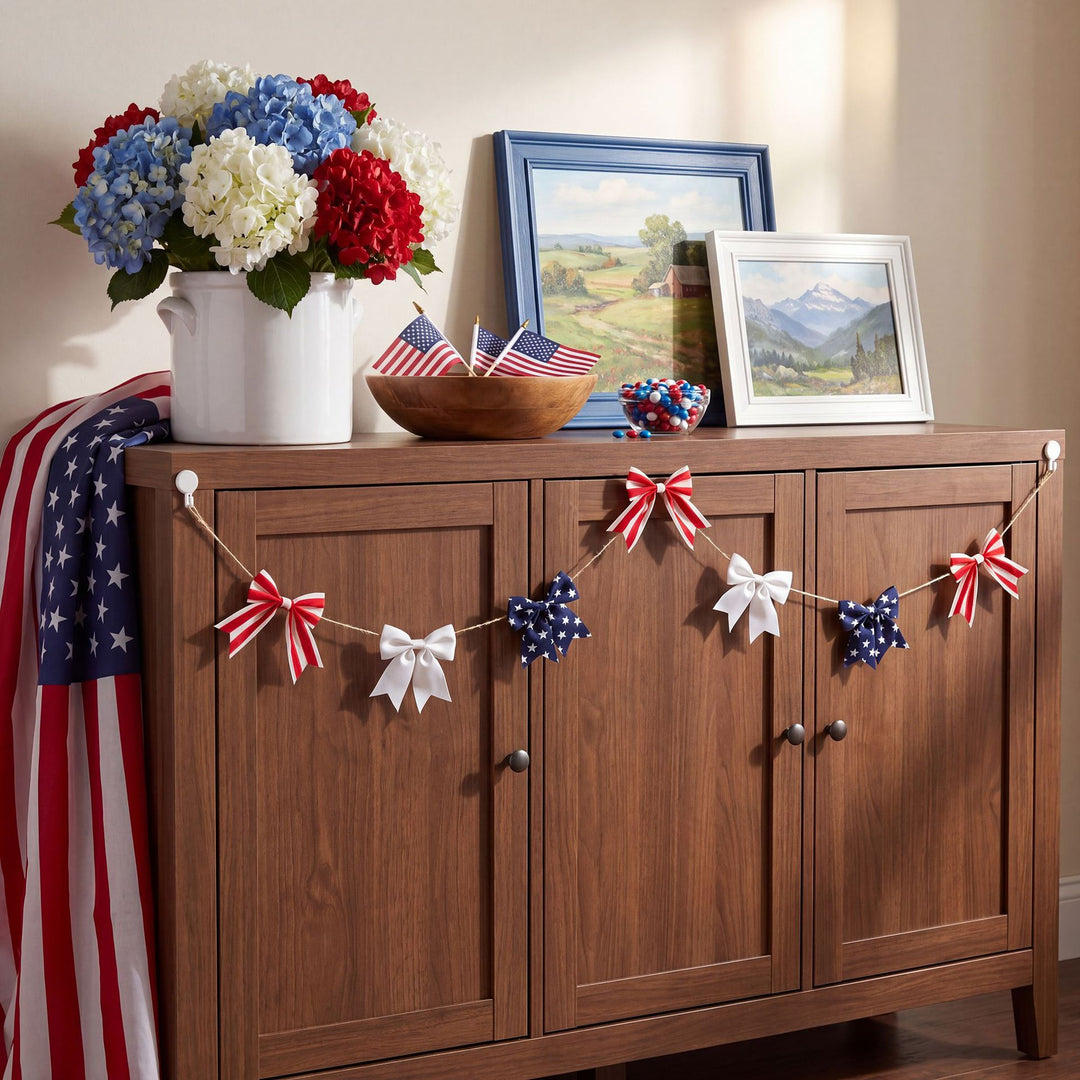 Unisex nan decorative fabric bow garland with jute twine and assorted striped star bows Bowlift
