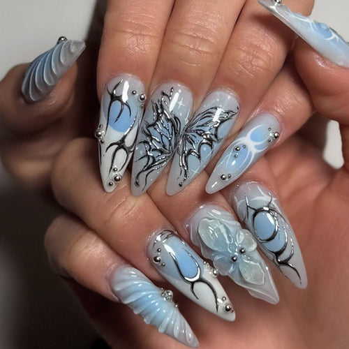 Artistic nail extensions with floral design and glitter Bowlift