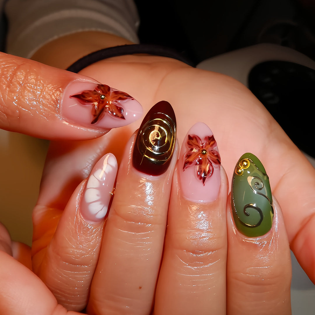 Artificial nails with elegant floral design and noble accents Bowlift