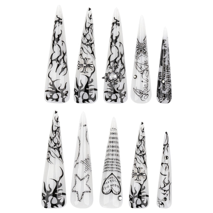 Artful stiletto nails with gothic pattern and embellishments Bowlift