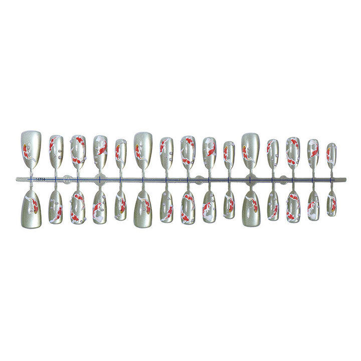 Artificial nail set with filigree koi fish designs and glitter accents Bowlift