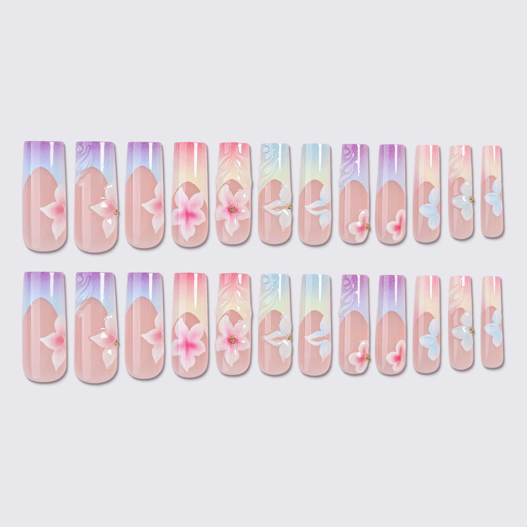 Artificial nail set with floral designs and elegant ombre effect Bowlift