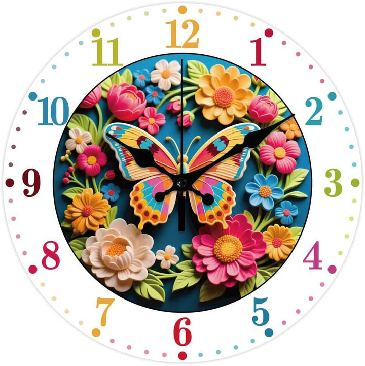 Botanical Butterfly Distressed Wood Round Wall Clock Bowlift