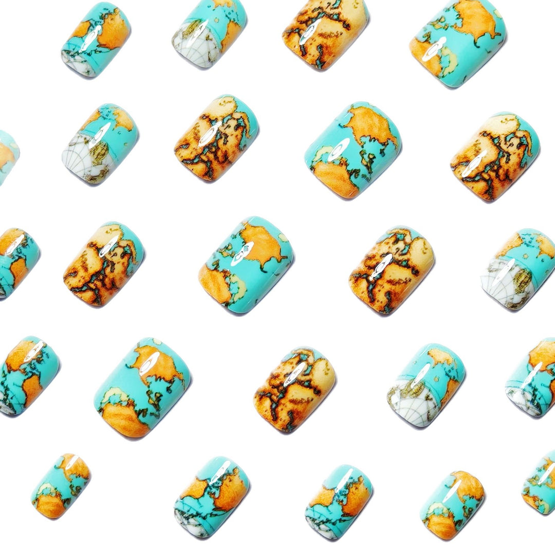 Creative artificial nails with world map inspired design Bowlift