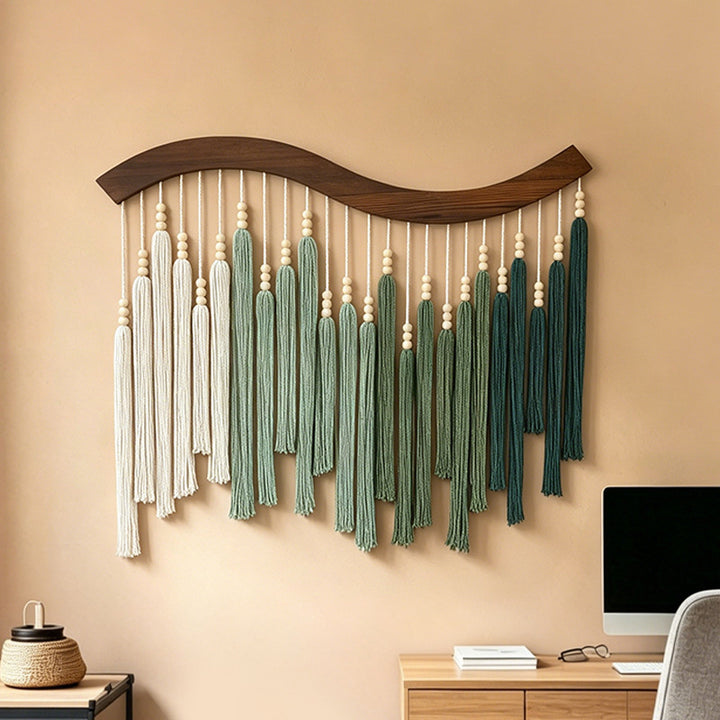 Curved Wooden Rod Macramé Wall Hanging with Long Cotton Tassels Bowlift