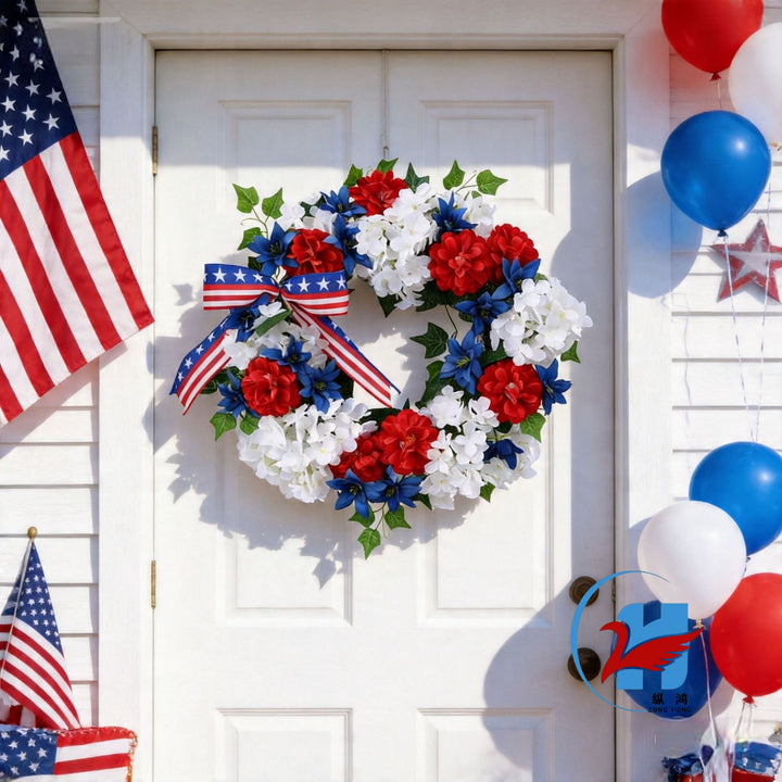 Unisex decorative door wreath made of durable artificial flowers with ribbon in festive style Bowlift