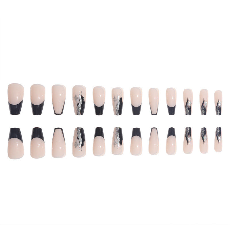 Elegant Stiletto Press-On Nails with Artistic Black Tips and Silver Accents Bowlift