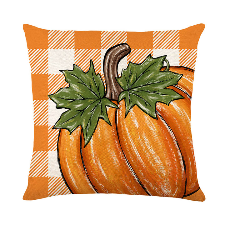 Fall Harvest Rustic Checkered Square Accent Pillow with Pumpkin Illustration