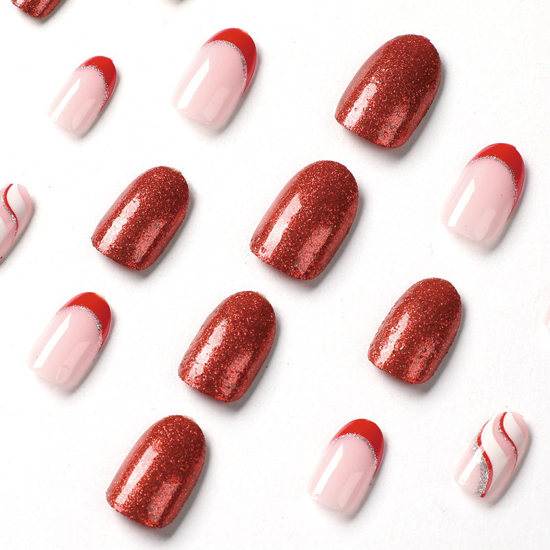 Artful Nail Extensions with Glitter and Wave Pattern Bowlift