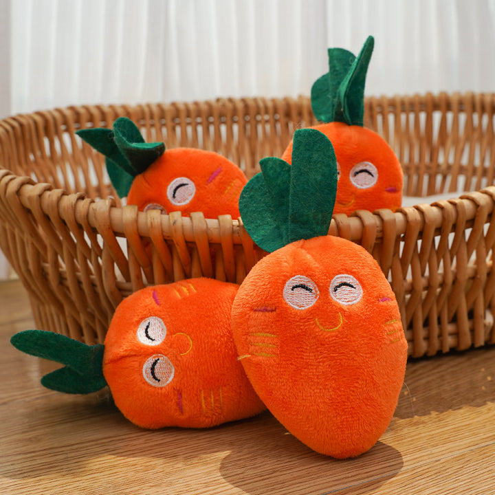 Plush carrot catnip toy for cats with embroidered smiling face and double leaf topper Bowlift
