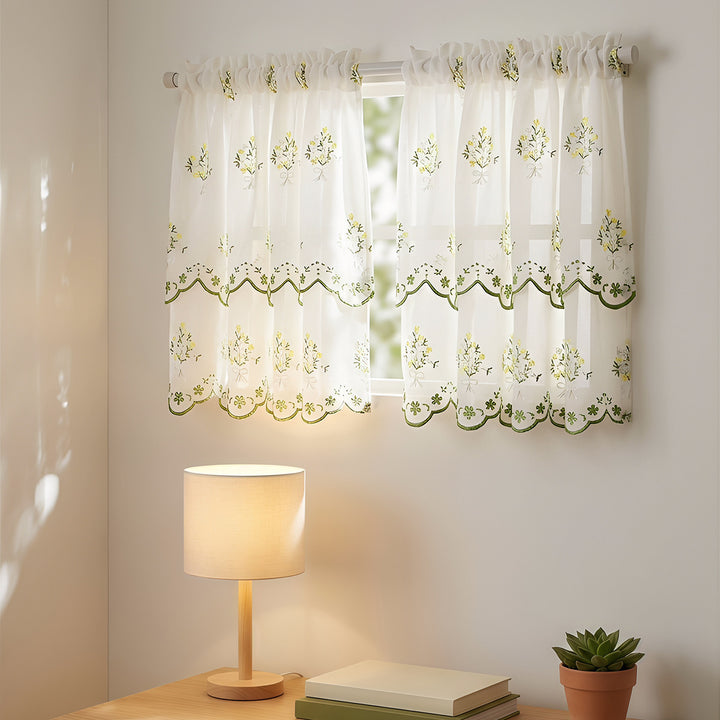 Floral Embroidered Kitchen Window Curtain
