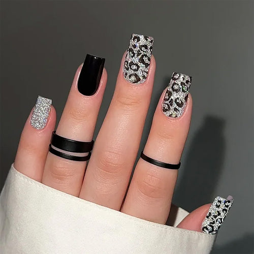 Decorative Press-On Nail Art Set with Glitter and Animal Print Bowlift