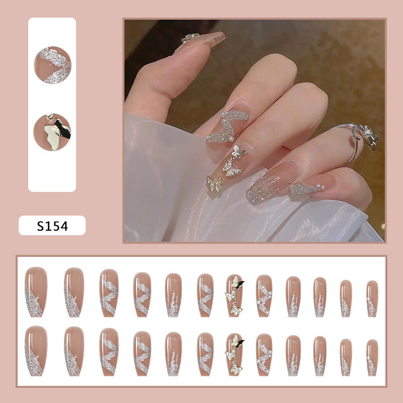 Artificial nails with sparkling rhinestone and butterfly design Bowlift