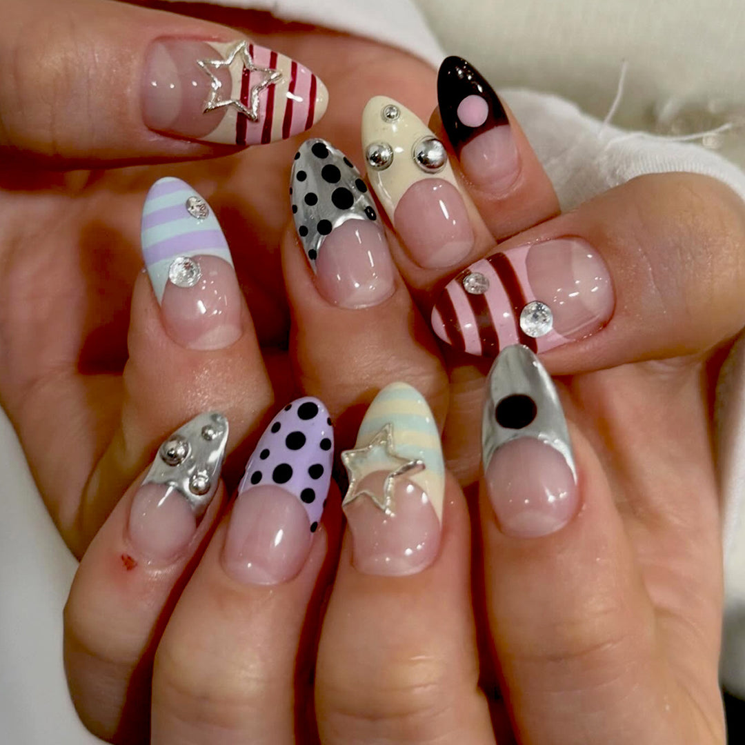 Artificial nails with creative design and sparkling accents Bowlift