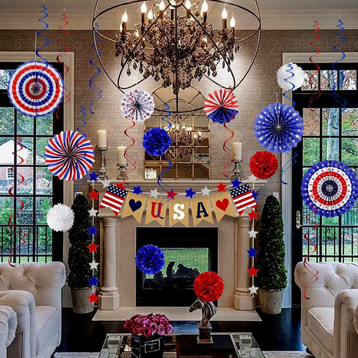 Unisex multi-piece party decoration set with paper fans pom poms bunting garland Bowlift