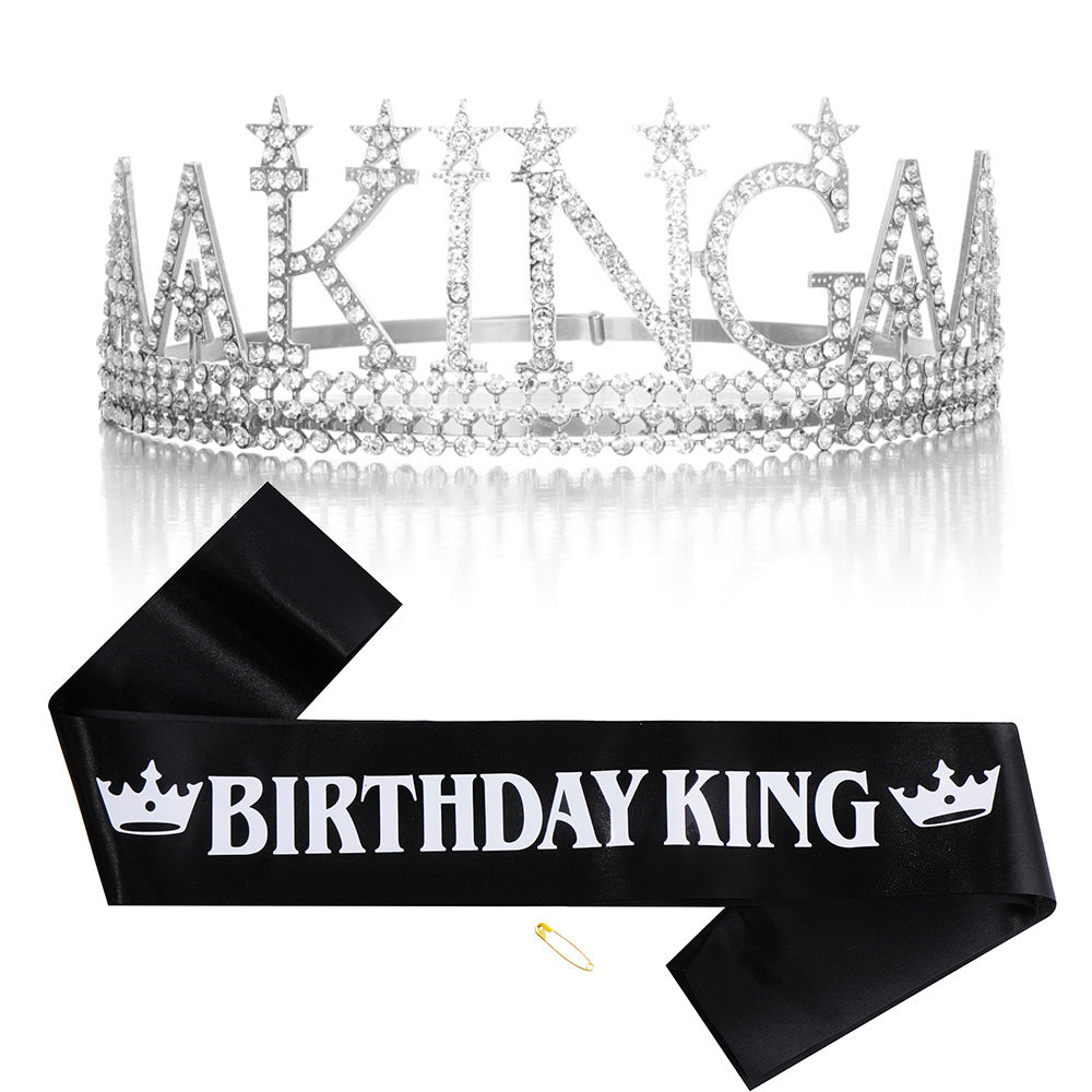 Ladies Glittering Birthday Crown with a Regal "Birthday King" Sash Set Bowlift
