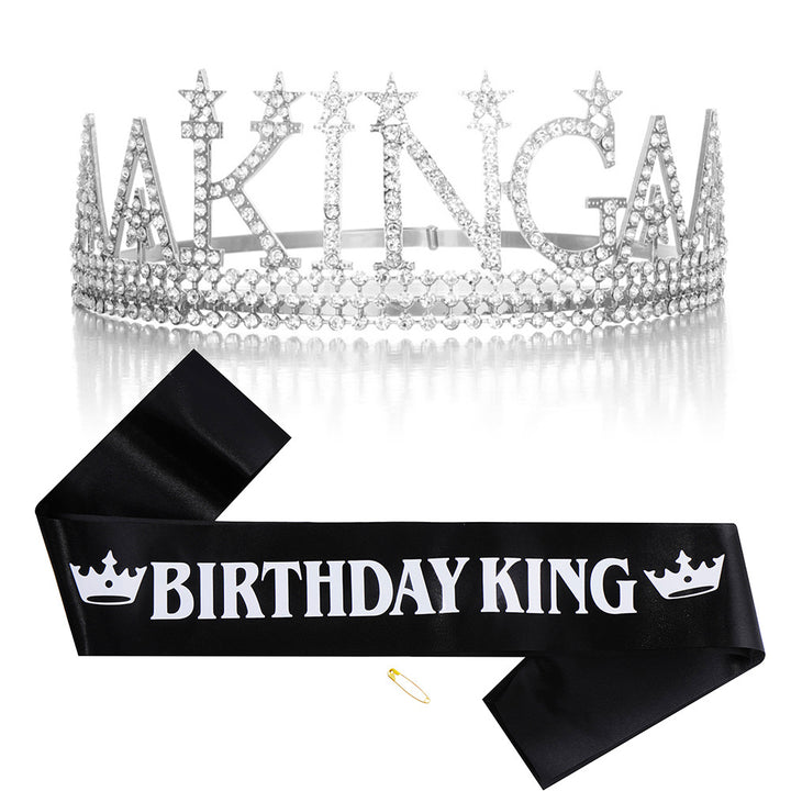 Ladies Glittering Birthday Crown with a Regal "Birthday King" Sash Set Bowlift