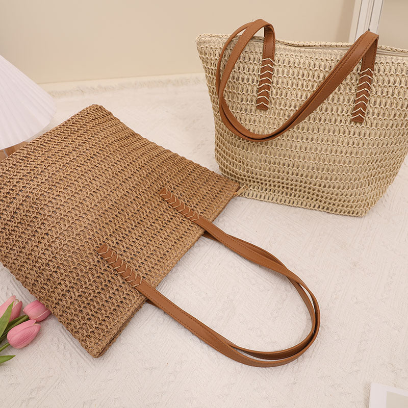 Giant Tote Bag Made of Woven Raffia with Leather Handles Bowlift