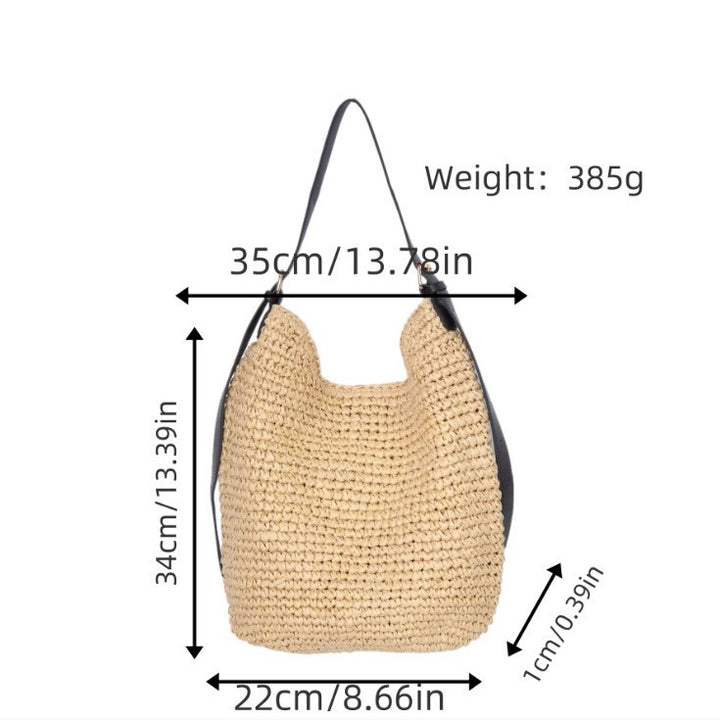 Trendy Shoulder Bag with Natural Weave and Leather Accents Bowlift