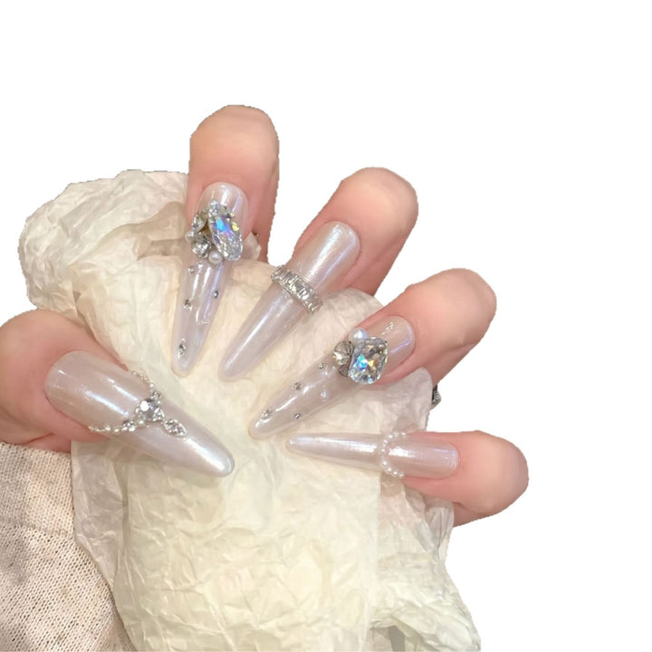 Decorative Stiletto Nail Tips Set with Gemstone Accents Bowlift