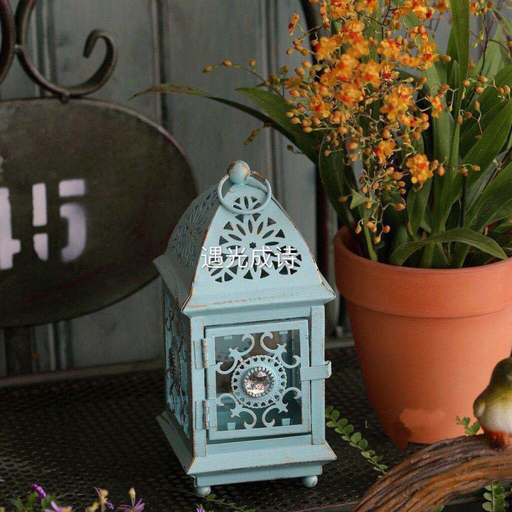Antique-Style Decorative Metal Glass Candle Lantern with Filigree Cutouts and Hanging Ring Bowlift