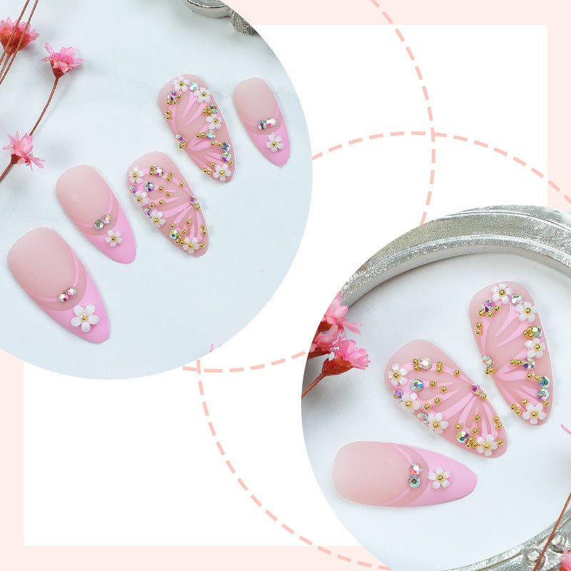 Decorative Press-On Nail Art Set with Gemstone and Floral Accents Bowlift