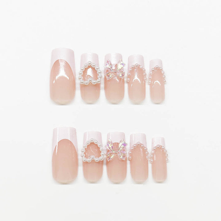 Acrylic nail set with elegant pearl and 3D flower decorations Bowlift