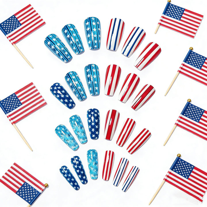 Artificial nails with patriotic stars and stripes design Bowlift