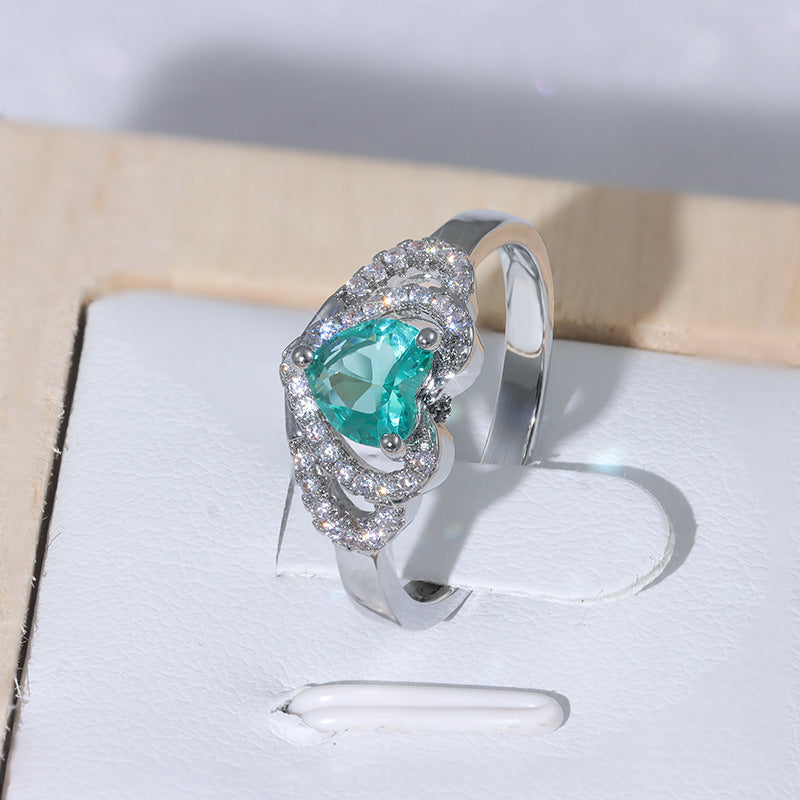 Heart Heart-Shaped Simulated Emerald Halo Engagement Ring With Pavé Cubic Zirconia