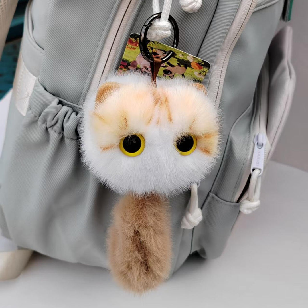 Plush Cat Pom Pom Keychain with Long Faux Fur Tail and Large Expressive Eyes Bowlift