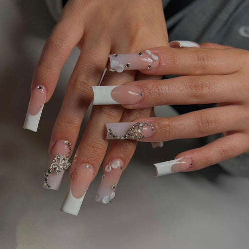Decorative Long Press-On Nails with Rhinestone and Floral Accents Bowlift