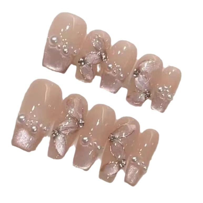 Artistic Floral Press-On Nail Set with Pearl Accents Bowlift
