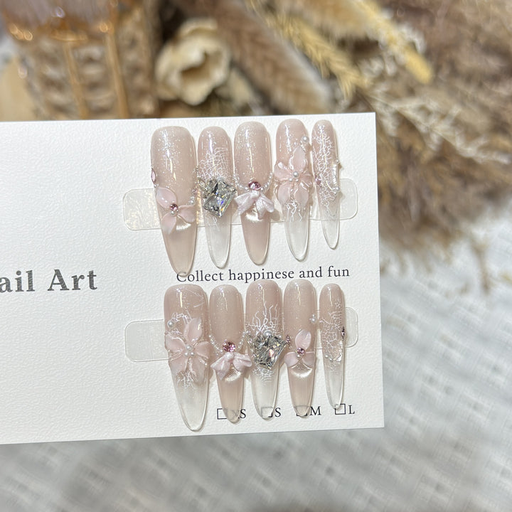 Decorative Press-On Nail Art Set with Floral and Gemstone Accents Bowlift