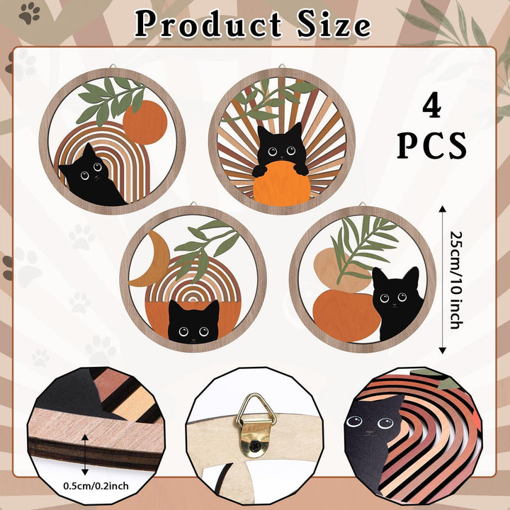 Round Boho Cat Laser-Cut Wooden Wall Art Hanging Plaque Set Bowlift