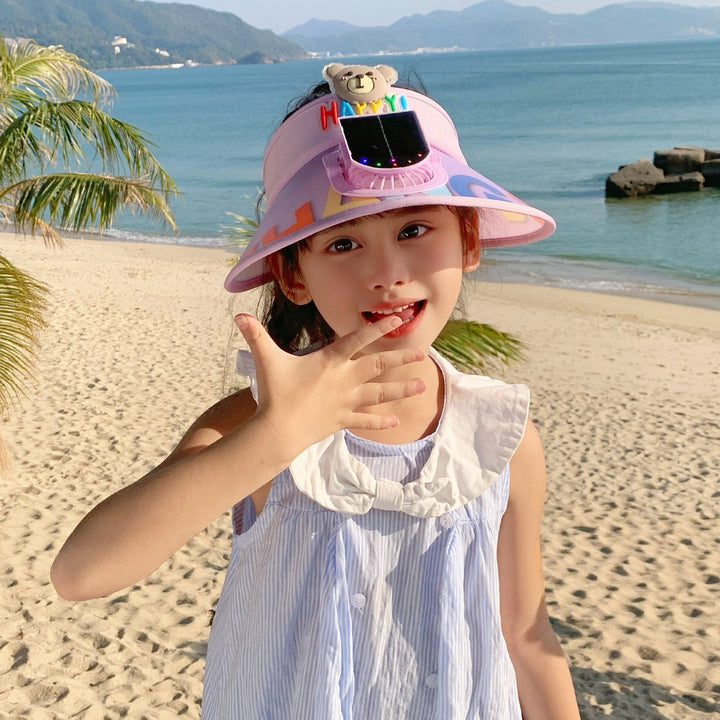 Adjustable children sun visor with integrated mini fan and extra wide brim Bowlift