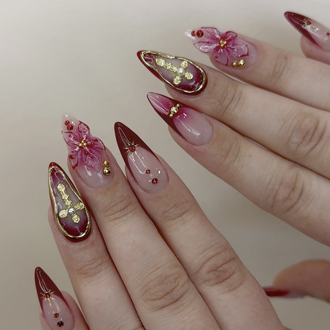 Elaborate Floral Accent Stiletto Nail Art Extensions Bowlift