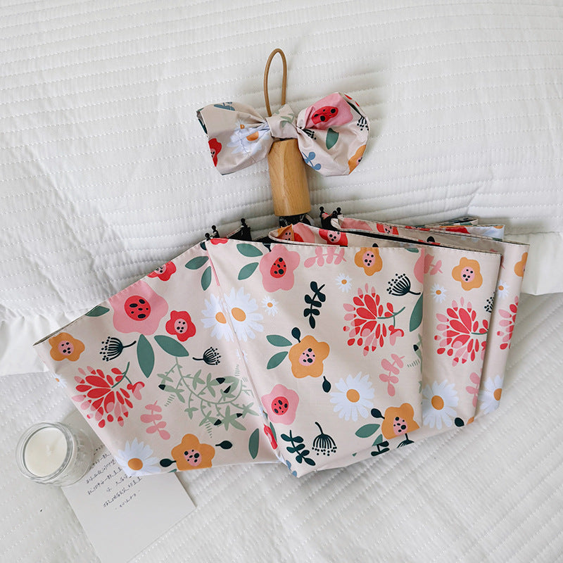 Ladies Folding Umbrella with Floral Design and Cute Details Bowlift