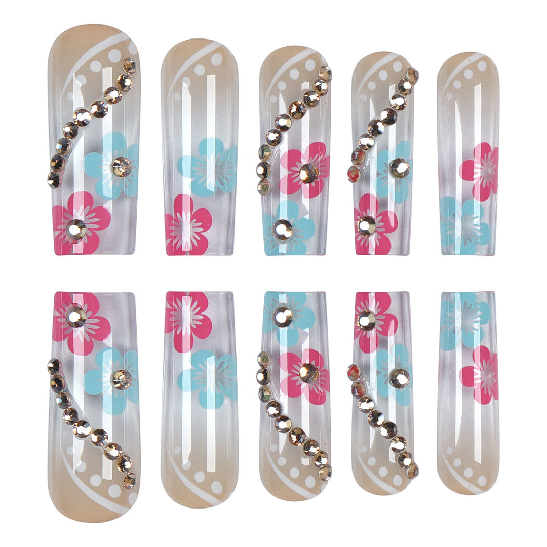 Floral Design Press-On Nails with Decorative Gem Accents Bowlift