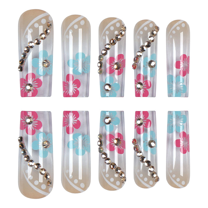 Floral Design Press-On Nails with Decorative Gem Accents Bowlift