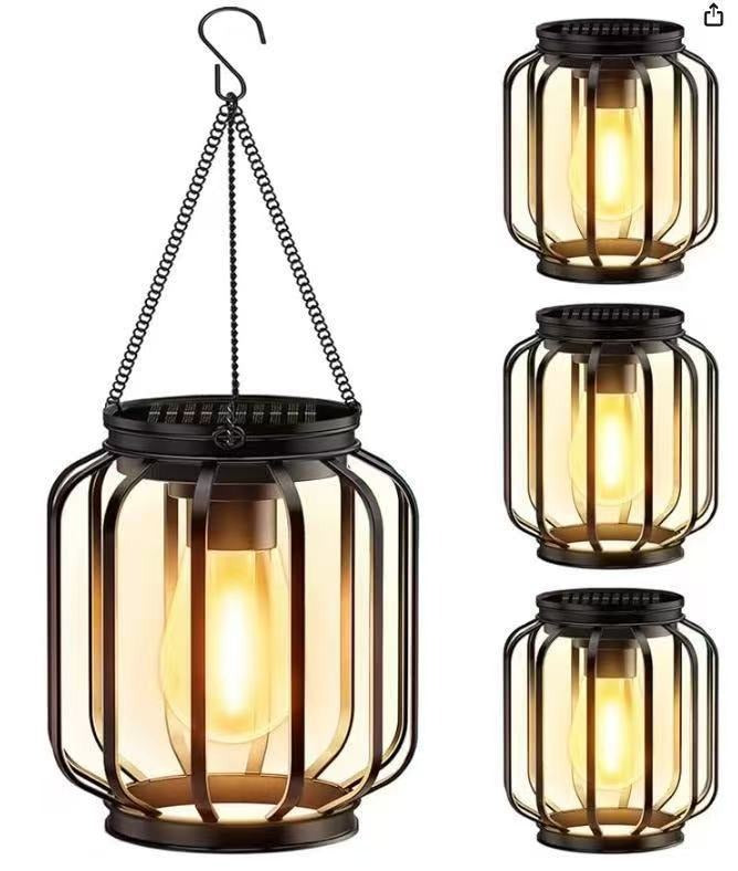 Solar Hanging Outdoor Lanterns With Vintage-Style LED Filament Bulb And Metal Cage Waterproof Suspension Bowlift
