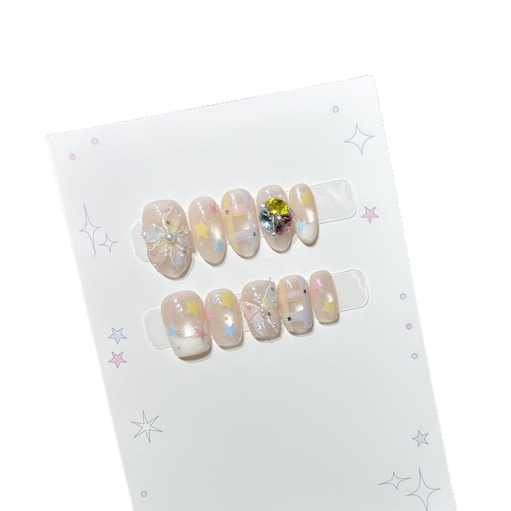 Decorative Press-On Nail Art Set with Gem Accents Bowlift