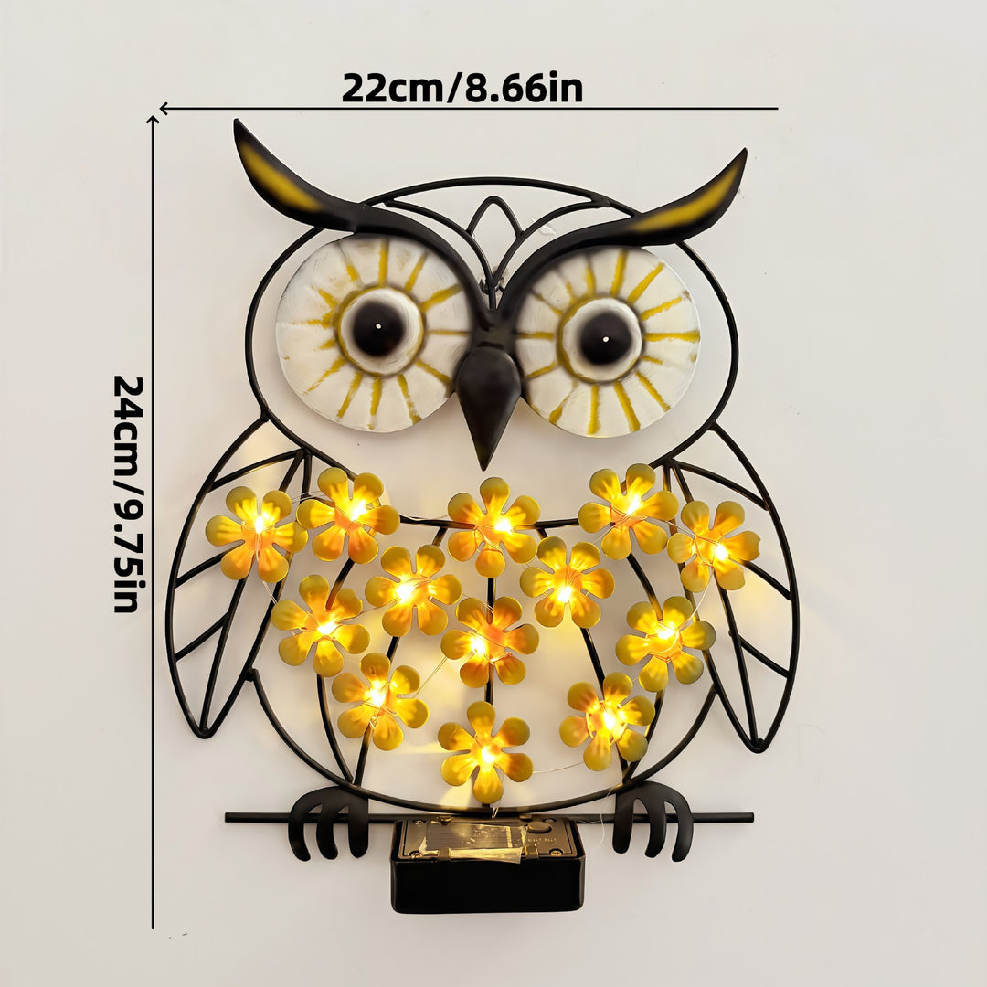 Metal Owl Wall Art With Solar Powered LED Floral Lights And Iron Frame Bowlift