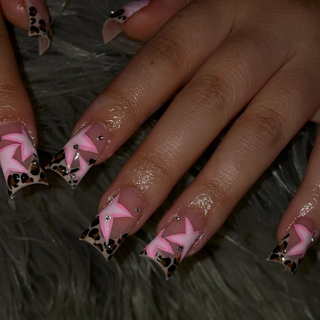 Artistic Star and Leopard Print Nail Art Extensions Bowlift