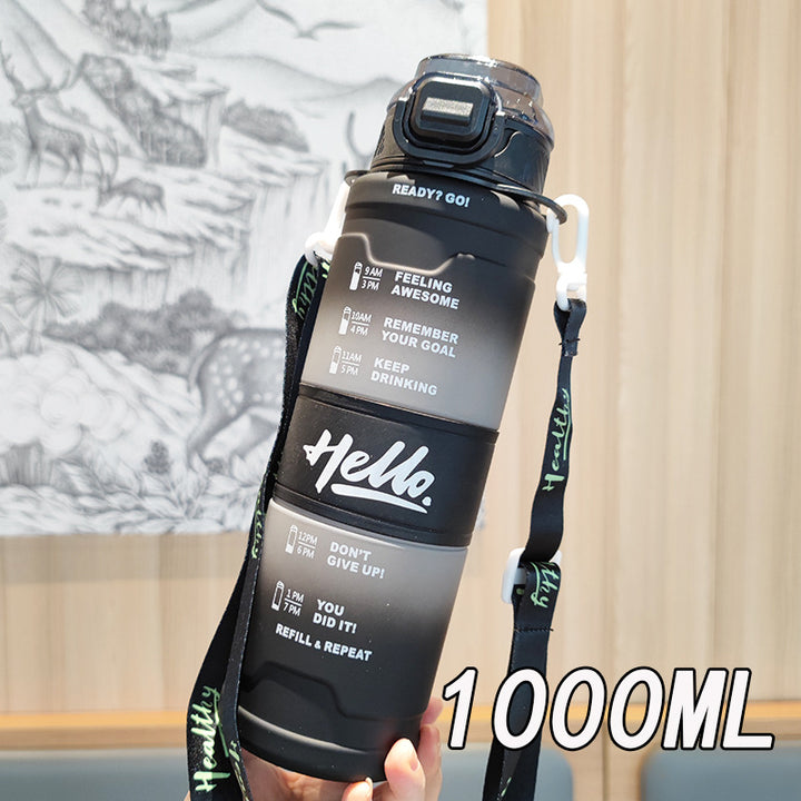 Women's motivation water bottle with time display and shoulder strap Bowlift