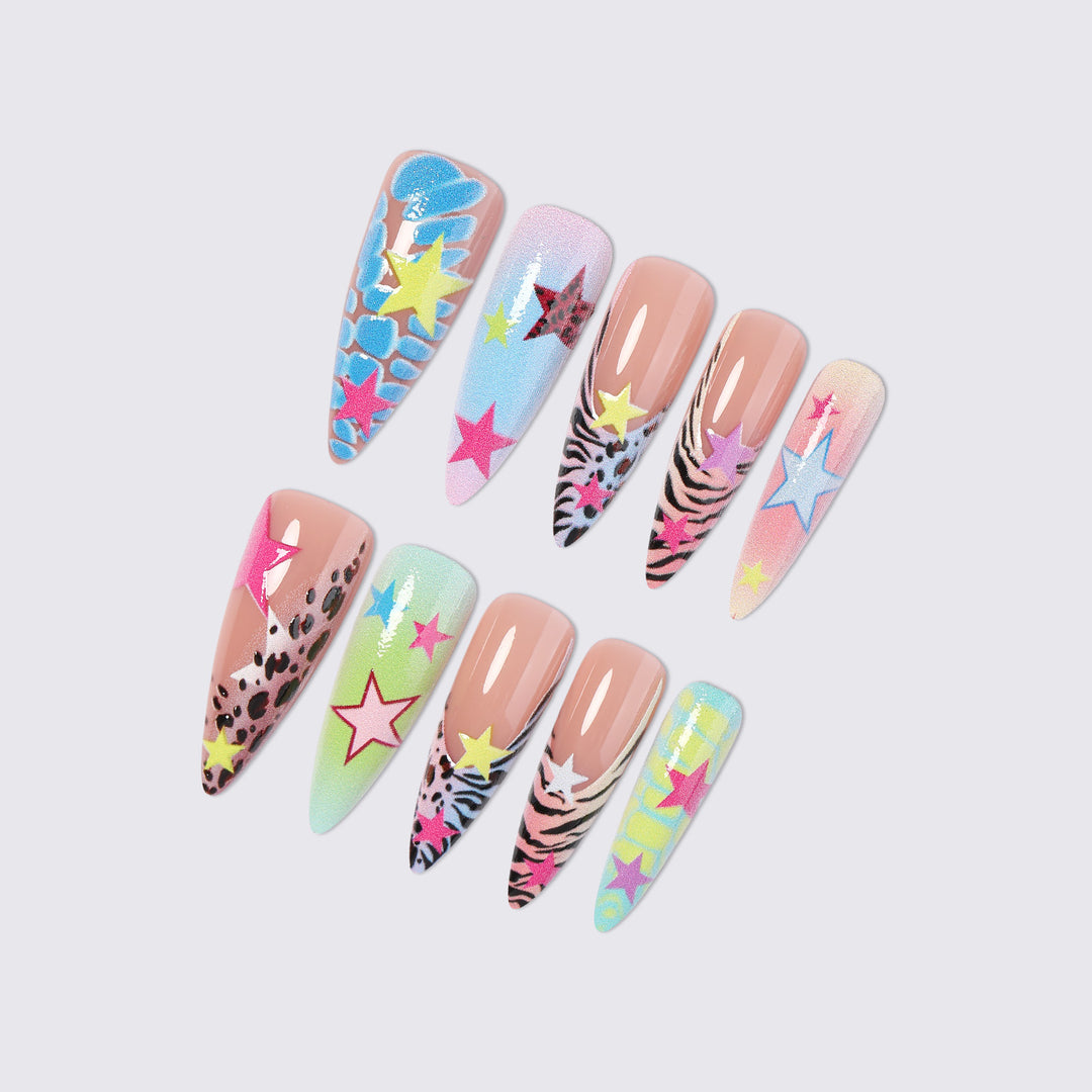 Creative nail set with colorful stars and animal patterns Bowlift