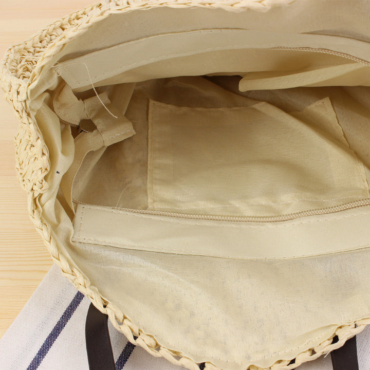 Round Bast Tote Bag with Leather-Embellished Handles Bowlift