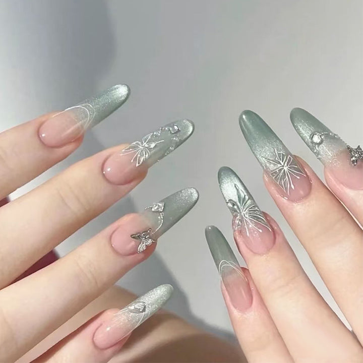 Elegant Stiletto Press-On Nails with Intricate Floral and Gemstone Accents Bowlift