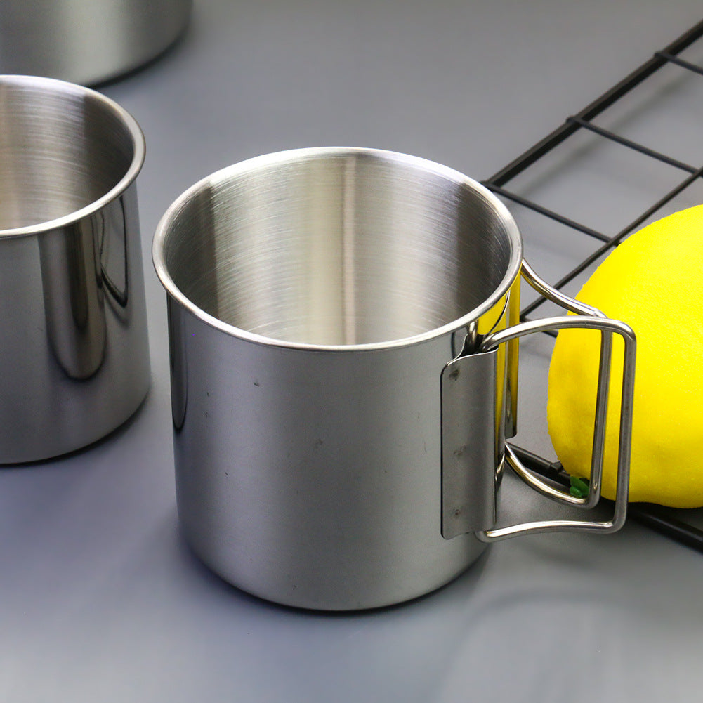 stainless steel nesting camping mug set with fold-flat handles and rolled rims Bowlift